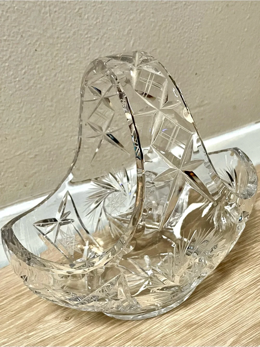 Cut Crystal Basket — Clear Glass Decorative Bowl